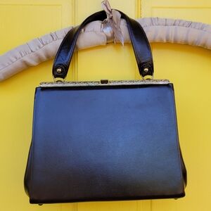 Vintage 1950s Brown Structured Frame Handbag Gold-Tone Clasp Classic Mid-Century